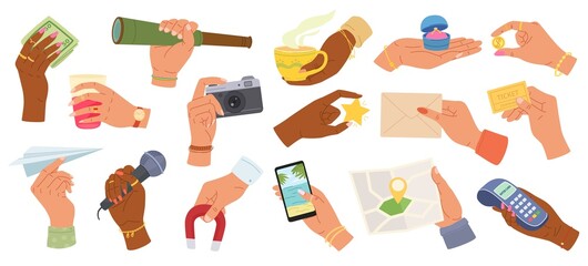 Hands holding things. Different objects in human hand, hold gestures. Hand with microphone, photo camera and mobile phone vector set