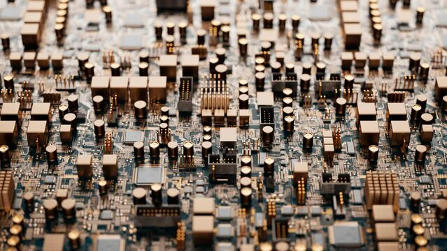 Motherboard, semiconductors, transistors and circuit board in looping animation.