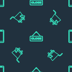 Set line Hanging sign with Close, Shopping cart cursor and Smartphone, mobile phone on seamless pattern. Vector