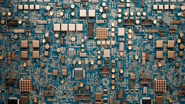 Motherboard, semiconductors, transistors and circuit board in looping animation.