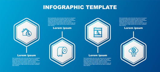 Set line Eco friendly house, Toilet paper roll, Bio fuel barrel and Acid rain and radioactive cloud. Business infographic template. Vector