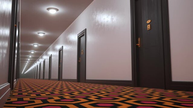 An animation shows a long corridor with a carpet covered in a geometric shape 4k
