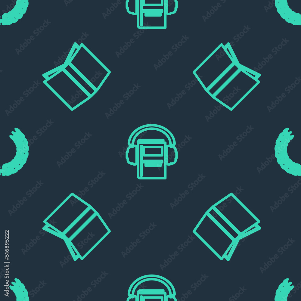 Poster set line audio book, open and laurel wreath on seamless pattern. vector