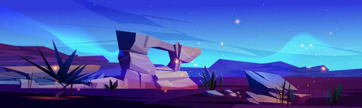 Western desert landscape at night. Vector cartoon illustration of nature scene of drought sand land with aloe plant and dark arc mountains and stones in Africa, Arizona or Mexico in evening