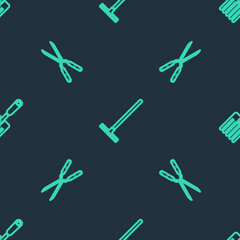 Set line Garden rake, Gardening handmade scissor and fork on seamless pattern. Vector