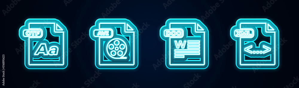 Poster set line otf file document, avi, doc and xml. glowing neon icon. vector