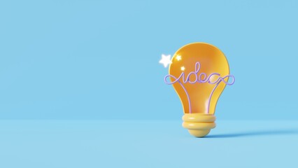 3D Light Bulb on blue background.Idea and Creative concept.3D render illustration.
