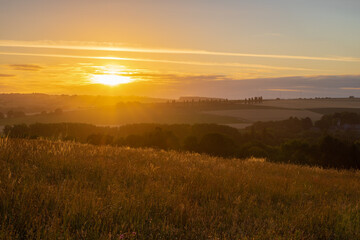 Spectacular sunrise in the rolling hill landscape in the south of Limburg with a view on the meadows and on a row of poplar trees, creating the feeling of being in the Siena Province of Italy.