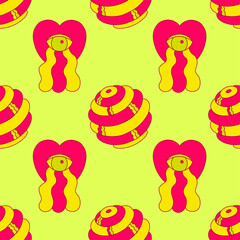 Crazy psychedelic seamless pattern in acid rave style. Vector illustration with eye in heart and sphere in bright colors.