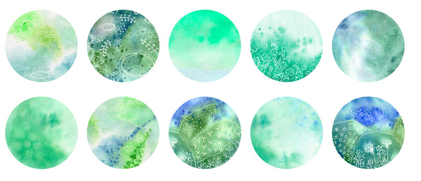 Set of 10 templates for networks Story Highlights Covers Icons. Watercolor hand-drawn rounds for social media stories for bloggers. Green colors, white liner