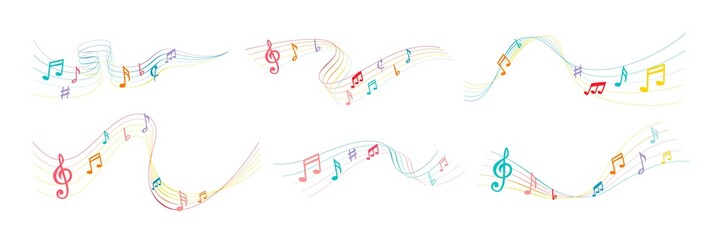 Color music notes. Musical notation lines with note symbols, song waves and musically rainbow vector illustration set