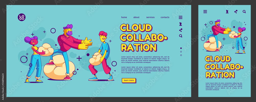 Poster cloud collaboration, teamwork landing page, app ui ux mobile app onboard screen template. contempora