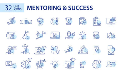 Set of 32 mentoring, coaching and success strategies line art icons. Pixel perfect, editable stroke - obrazy, fototapety, plakaty