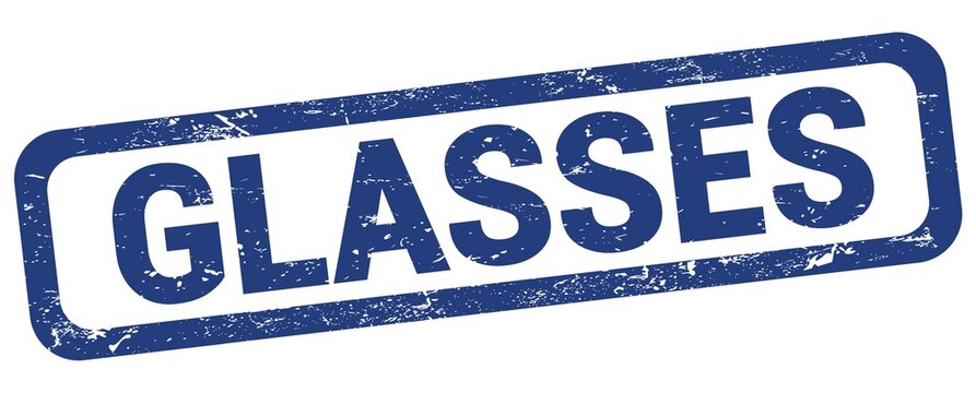 GLASSES text written on blue rectangle stamp.