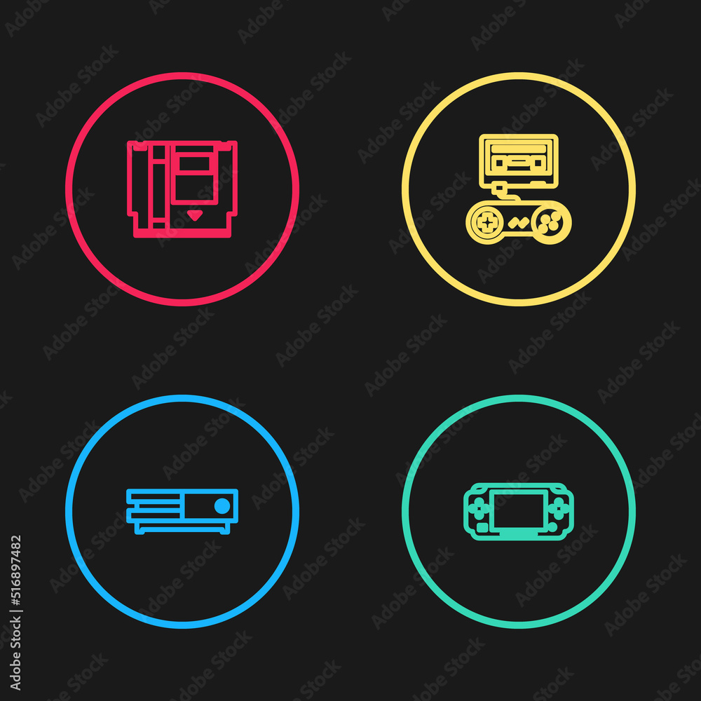 Poster set line video game console, portable video, game with joystick and cartridge icon. vector
