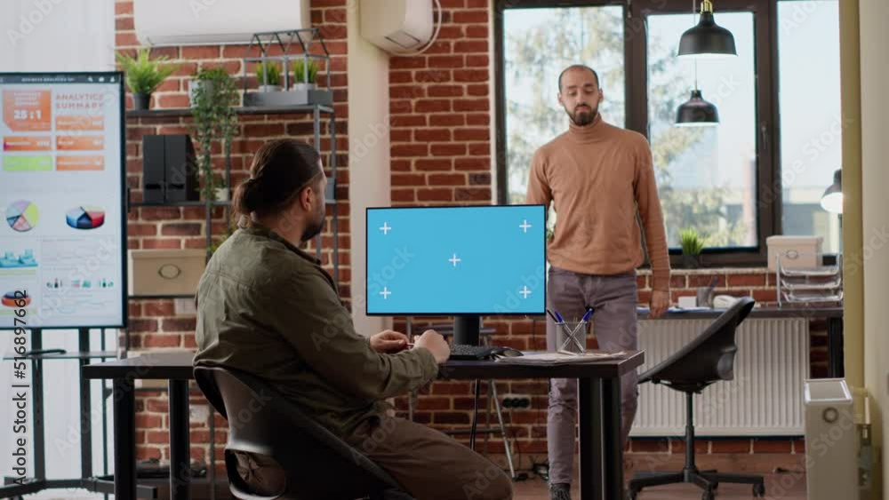 Poster team of people using computer with greenscreen and brainstorming ideas to plan startup job. analyzin