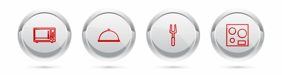 Set line Microwave oven, Covered with tray, Barbecue fork and Electric stove. Silver circle button. Vector