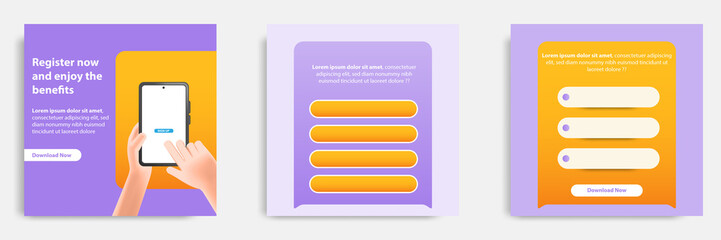 Social media post banner template layout in3D cartoon style. Mobile app feature and benefit explanation