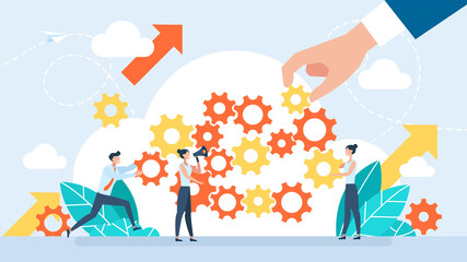 Teamwork. Various gears. The concept of departmental cooperation. A businessman holds gear in his hand. Tiny people make up a well-coordinated mechanism of business.  Flat design. Vector illustration. - obrazy, fototapety, plakaty