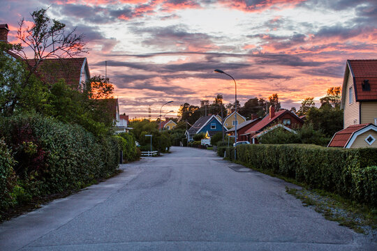 Suburban street at the sunset