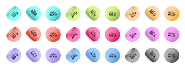 Colorful Round Paper Adhesive Stickers Mock Up With Curved Corner And Shadow - Vector Illustrations Isolated On White Background