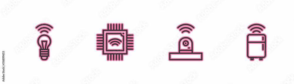 Poster set line smart light bulb, security camera, processor with microcircuits cpu and refrigerator icon. 