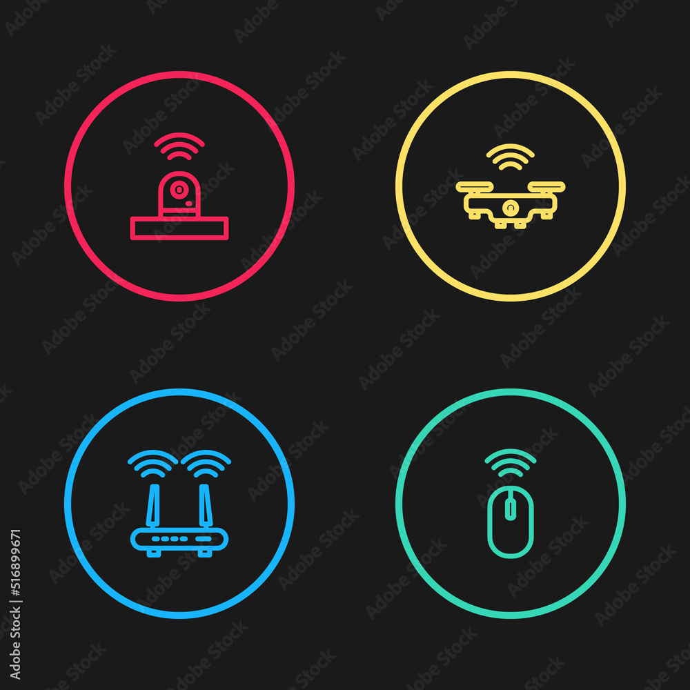 Poster set line router and wi-fi signal, wireless mouse, smart drone and security camera icon. vector