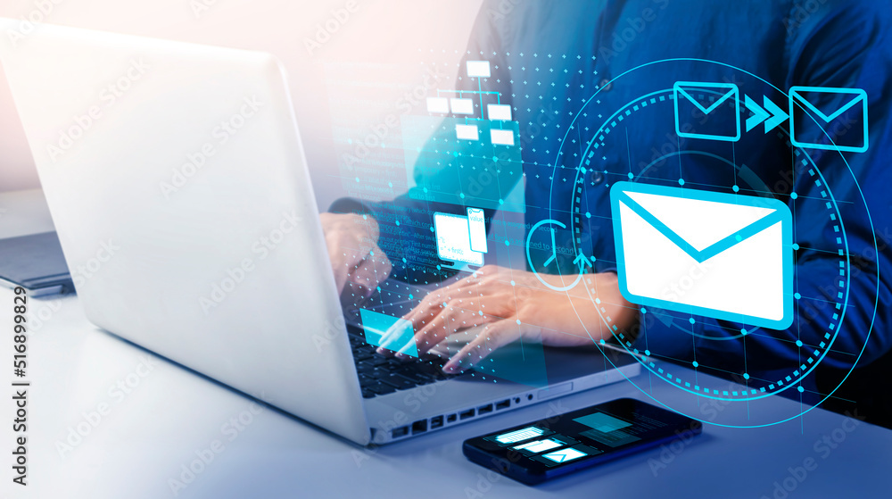 Poster businessman use email to receive and send business information, storage systems and use of communica