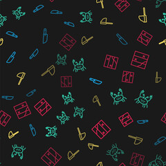 Set line Knife, Crab, Fishing net with fish and Folded map on seamless pattern. Vector