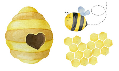 Watercolor beehive with round shaped entrance. Watercolor illustrations in the theme of beekeeping with honeycomb and bee
