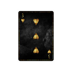 Three of Hearts, grunge card isolated on white background. Playing cards. Design element.