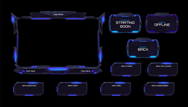 Space stream overlay, mmo game menu, neon ui frame. Streaming screen, gamer username panels and buttons. Template for esport, online live video, digital user interface glow borders, vector set