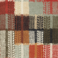 Rug seamless texture with square pattern, fabric, grunge background, boho style pattern, 3d illustration