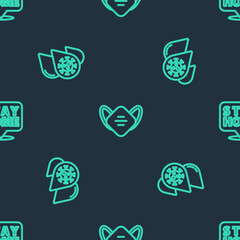 Set line Medical protective mask, Blood test and virus and Stay home on seamless pattern. Vector