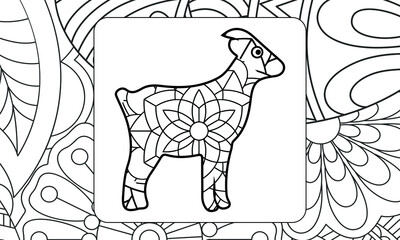 Animal symbol of the eastern horoscope goat with ornate patterns, meditative animalistic coloring page