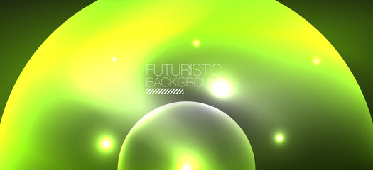 Abstract background with neon glowing light effects. Round shapes, triangles and circles. Wallpaper for concept of AI technology, blockchain, communication, 5G, science, business and technology