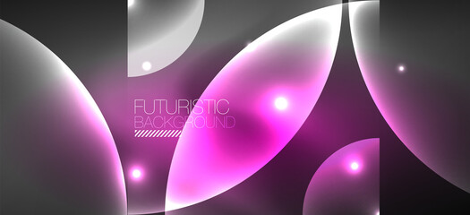 Abstract background with neon glowing light effects. Round shapes, triangles and circles. Wallpaper for concept of AI technology, blockchain, communication, 5G, science, business and technology