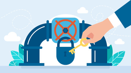 Closing, key opening the pipeline. Blockage of transportation of gas, oil, gasoline. A closed lock hangs on a blocked valve. Lack of fuel. Refusal of fossil fuels. Flat design. Vector illustration.