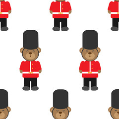 Vector seamless pattern with teddy bears in soldiers form. Teddy bears in British army soldiers