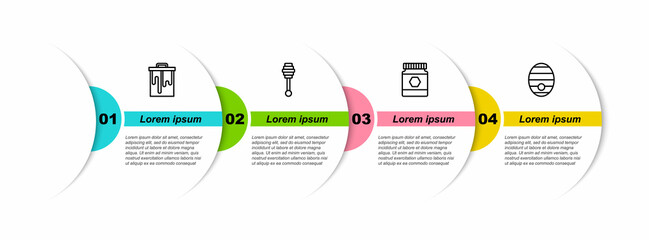 Set line Honeycomb, dipper stick, Jar of honey and Hive for bees. Business infographic template. Vector