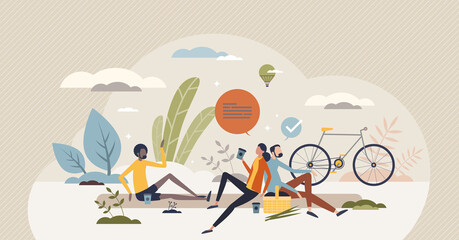 Self care and relaxing together with group of friends tiny person concept. Drive with bicycle to picnic for fun conversation and talking with diverse community vector illustration. Rest and chill.