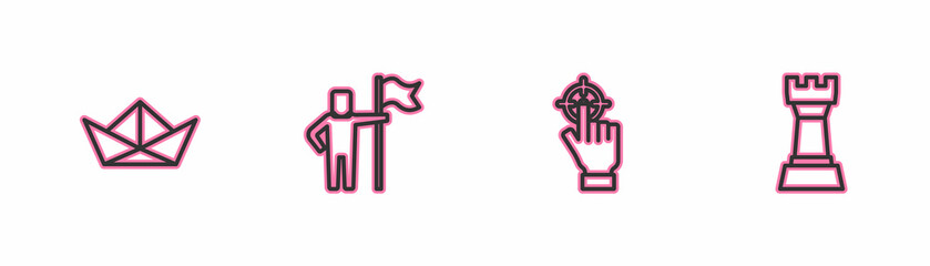 Set line Folded paper boat, Target, Man holding flag and Chess icon. Vector