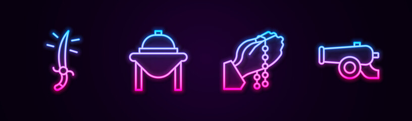 Set line Arabian saber, Table food, Hands in praying position and Ramadan cannon. Glowing neon icon. Vector