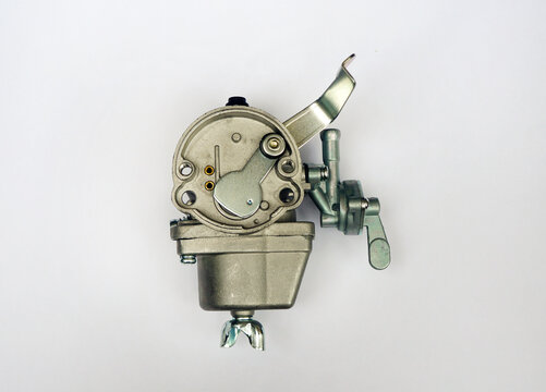 Lawn Mower Carburetor, Carburettor, Carburetter, Carb Of Lawn Mower On White Background.