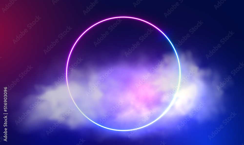 Poster abstract cloud illuminated with neon light ring on reflective dark room. stormy cumulus with glowing