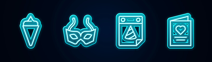 Set line Ice cream in waffle cone, Festive mask, Calendar party and Postcard with heart. Glowing neon icon. Vector