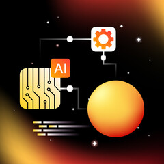 Artificial Intelligence Isometric Illustration. Orange Graphic Design Elements. Vector illustration