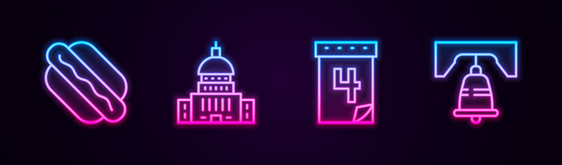 Set line Hotdog sandwich, White House, Calendar with date July 4 and Liberty bell in Philadelphia. Glowing neon icon. Vector