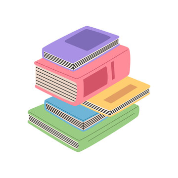 Stack of retro colorful books. Education and literature concept. Hand drawn vector illustration isolated on white background. Modern flat cartoon style.