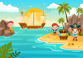 Obraz na płótnie Canvas Cute Pirate Cartoon Character Illustration with Wooden Wheel, Chest, Vintage Caribbean, Pirates and Jolly Roger on Ship on Sea or Island